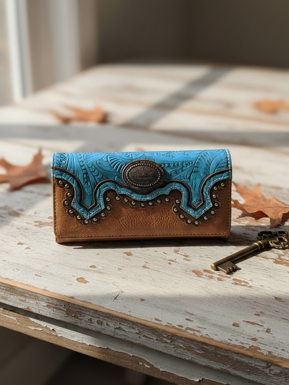 Montana West wallet Turquoise Flair Western Style Studded Tri-fold